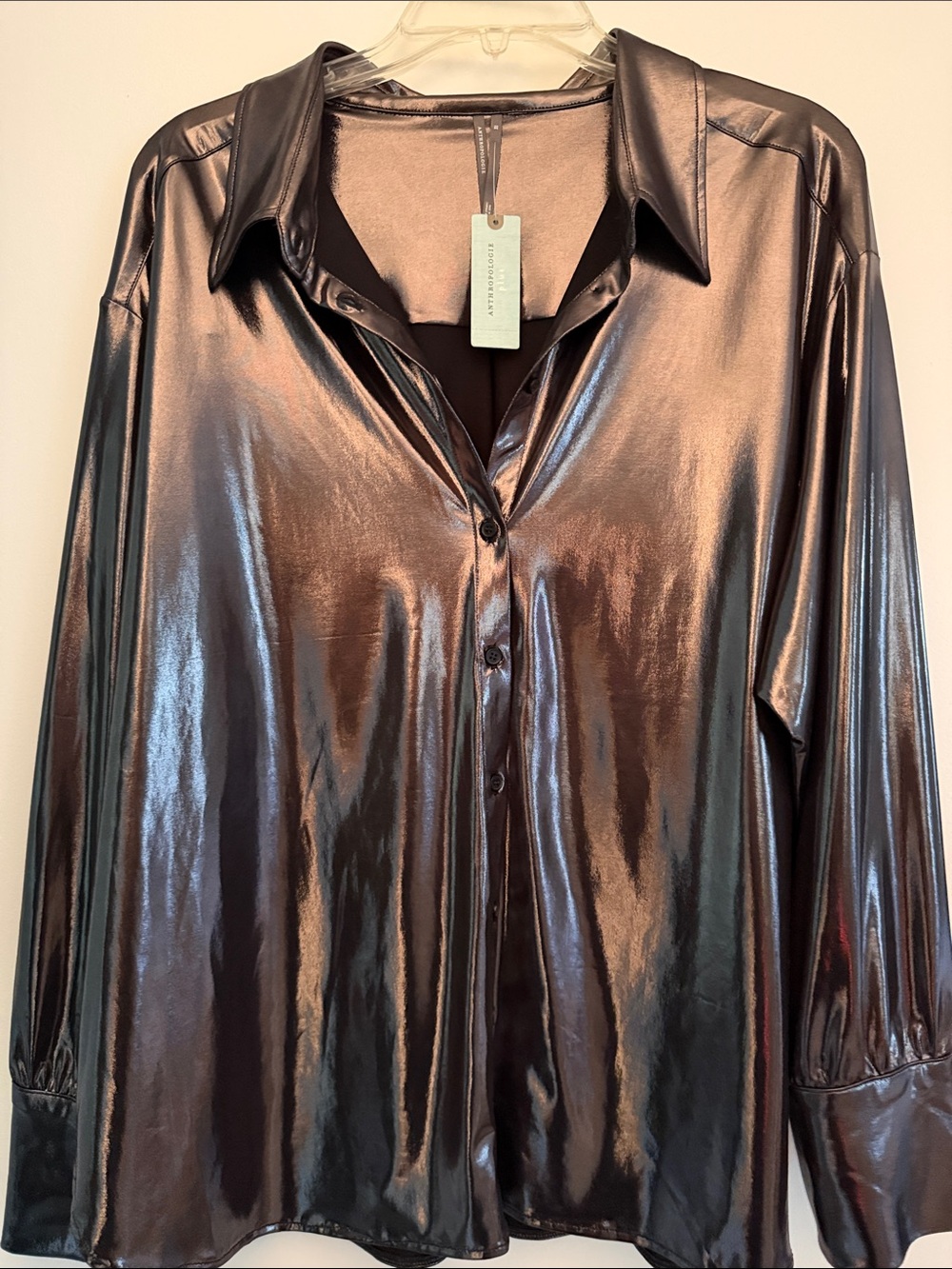 Anthropologie Shiny Black Patent Button-Down Blouse